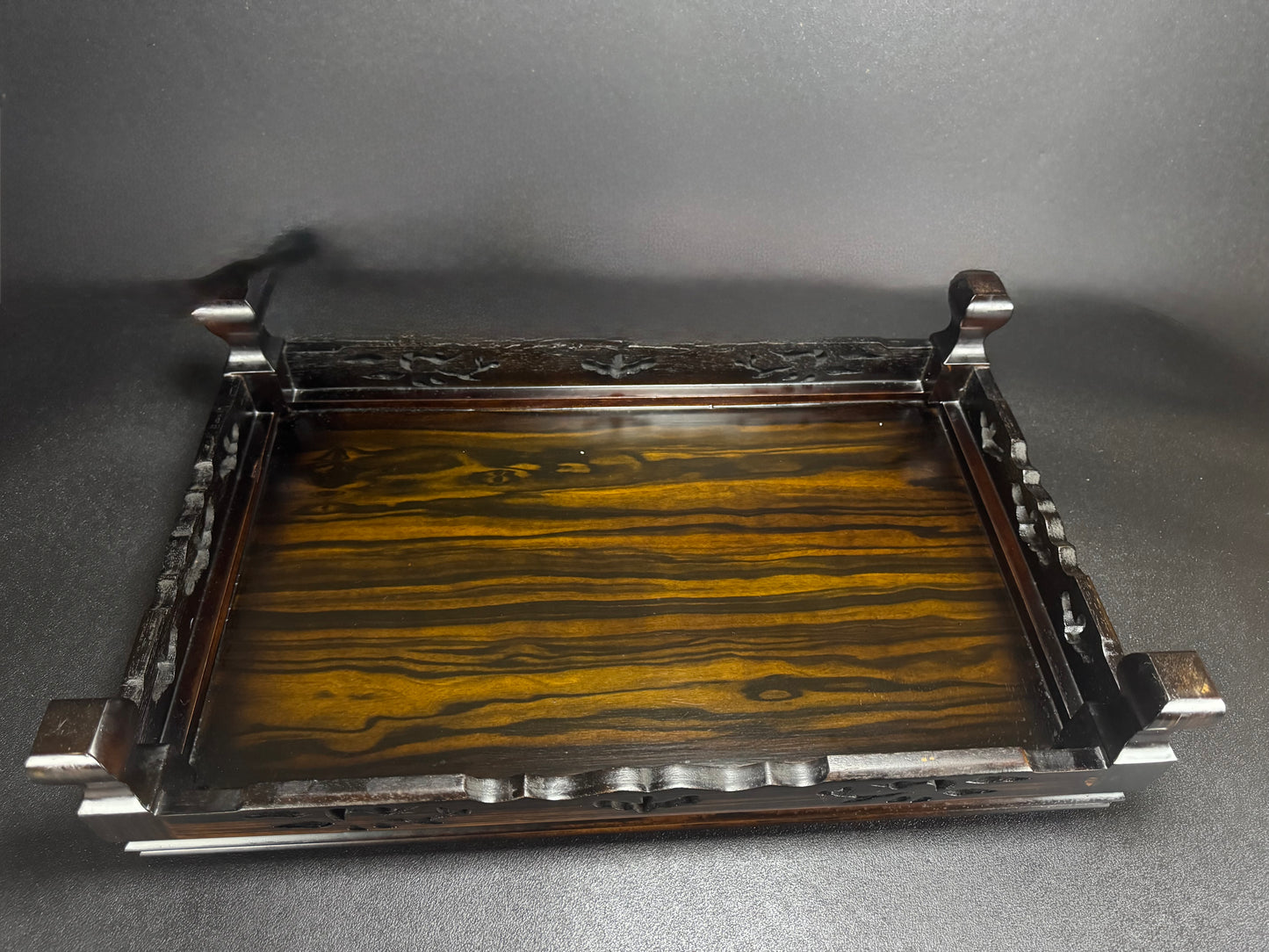 0 Japanese Bonsai Display Stand 盆栽飾台 – Ebony / Rosewood Style 黒檀・紫檀調 – Rectangular Kadai 花台 – Pierced Openwork Carving 透かし彫り – 54.7cm