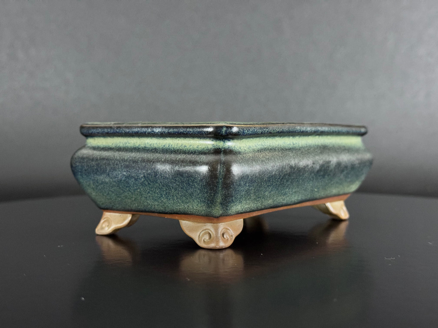 Tosui (東水) – Seto-yaki (瀬戸焼) – 14.4cm Rectangular Bag-Form Glazed Bonsai Pot（長方袋式・海鼠釉鉢）