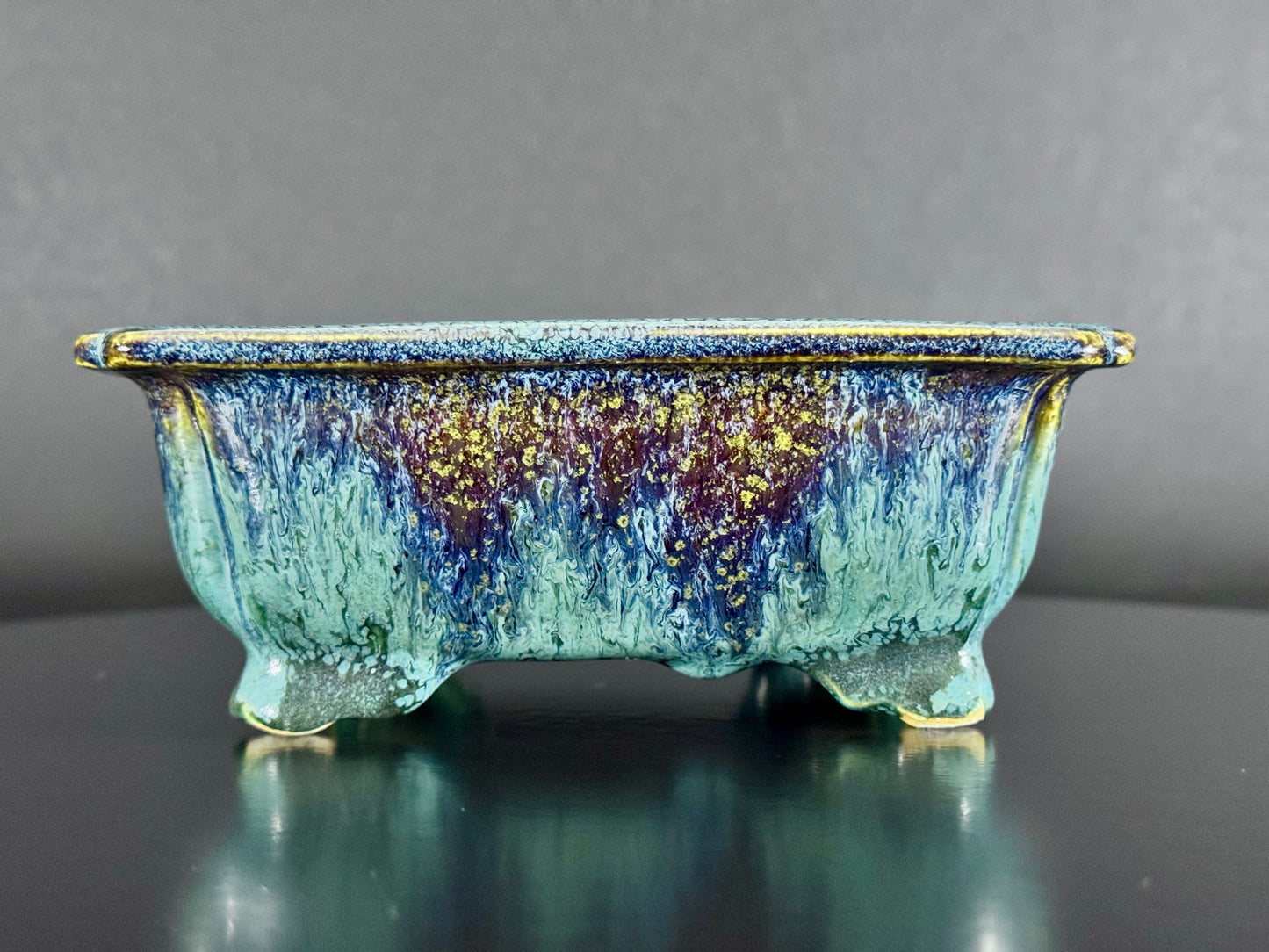 Fuka（風香）– Kiyoshi Koiwai（小岩井清）– Tokoname, Aichi（常滑市）– 15.5cm Rectangular Blue-Green Running Glazed Bonsai Pot（長方鉢・青緑瑠璃流れ釉