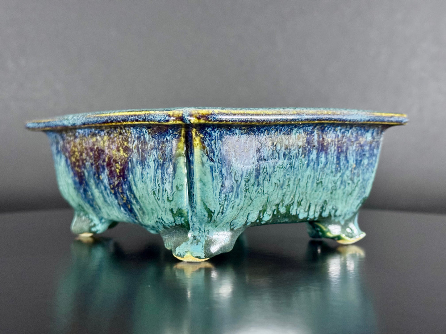 Fuka（風香）– Kiyoshi Koiwai（小岩井清）– Tokoname, Aichi（常滑市）– 15.5cm Rectangular Blue-Green Running Glazed Bonsai Pot（長方鉢・青緑瑠璃流れ釉