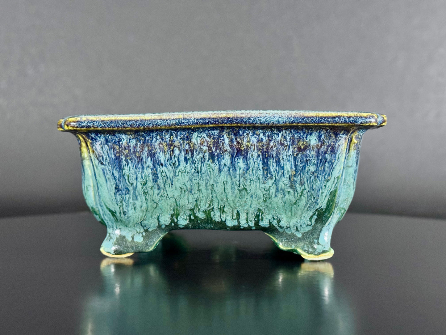 Fuka（風香）– Kiyoshi Koiwai（小岩井清）– Tokoname, Aichi（常滑市）– 15.5cm Rectangular Blue-Green Running Glazed Bonsai Pot（長方鉢・青緑瑠璃流れ釉