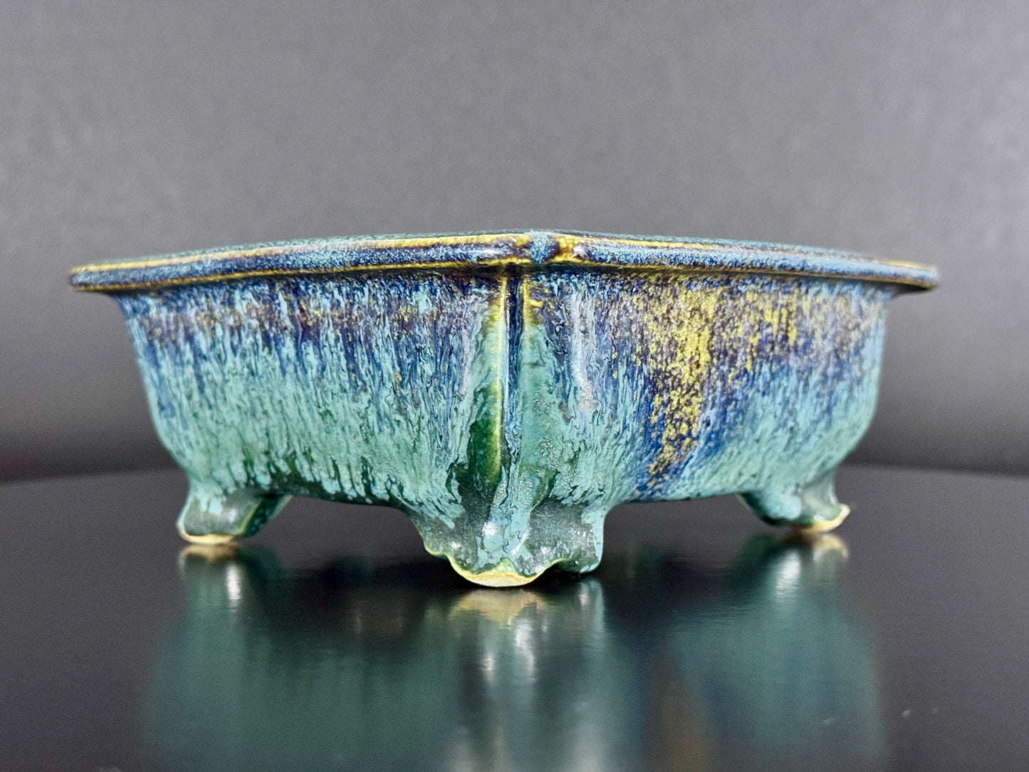 Fuka（風香）– Kiyoshi Koiwai（小岩井清）– Tokoname, Aichi（常滑市）– 15.5cm Rectangular Blue-Green Running Glazed Bonsai Pot（長方鉢・青緑瑠璃流れ釉