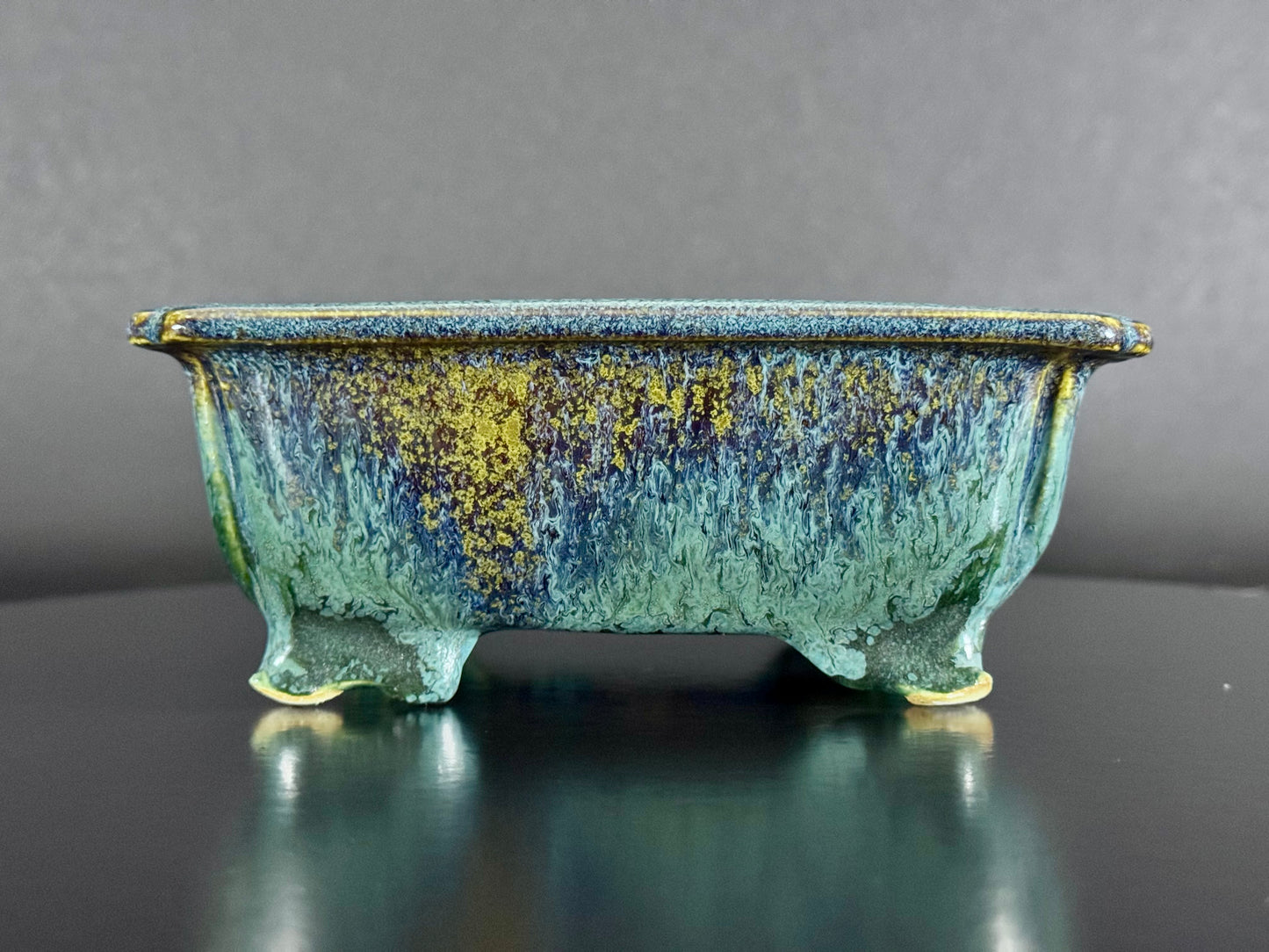 Fuka（風香）– Kiyoshi Koiwai（小岩井清）– Tokoname, Aichi（常滑市）– 15.5cm Rectangular Blue-Green Running Glazed Bonsai Pot（長方鉢・青緑瑠璃流れ釉