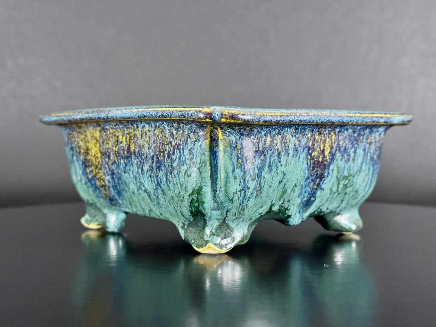 Fuka（風香）– Kiyoshi Koiwai（小岩井清）– Tokoname, Aichi（常滑市）– 15.5cm Rectangular Blue-Green Running Glazed Bonsai Pot（長方鉢・青緑瑠璃流れ釉