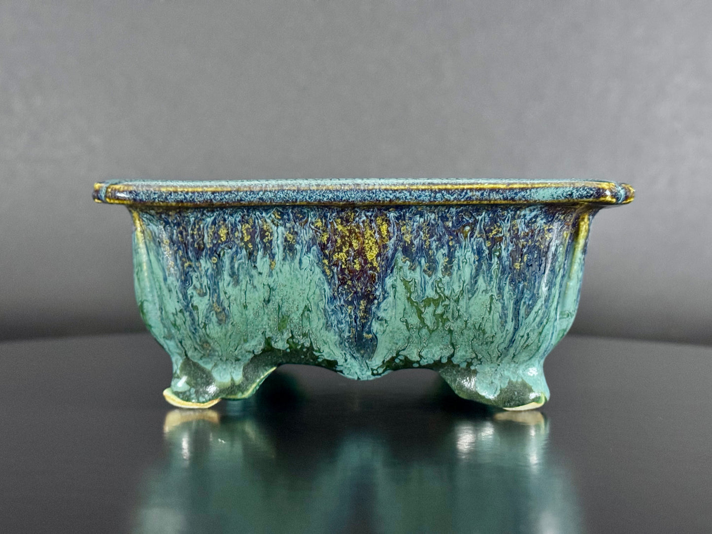 Fuka（風香）– Kiyoshi Koiwai（小岩井清）– Tokoname, Aichi（常滑市）– 15.5cm Rectangular Blue-Green Running Glazed Bonsai Pot（長方鉢・青緑瑠璃流れ釉