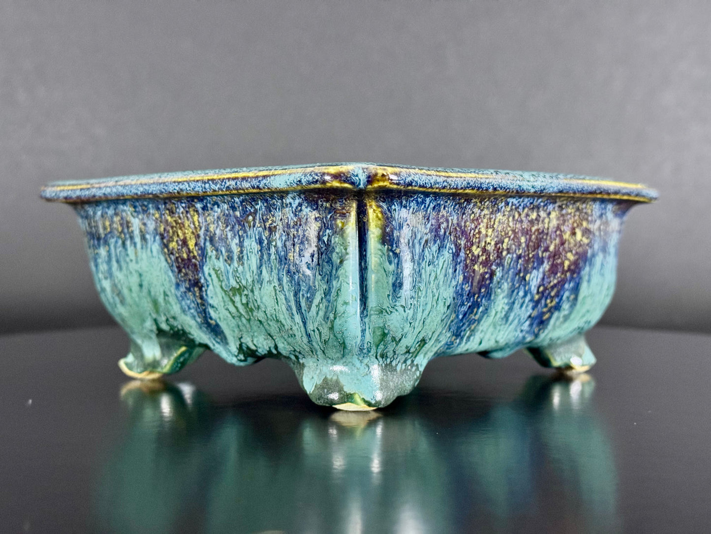 Fuka（風香）– Kiyoshi Koiwai（小岩井清）– Tokoname, Aichi（常滑市）– 15.5cm Rectangular Blue-Green Running Glazed Bonsai Pot（長方鉢・青緑瑠璃流れ釉