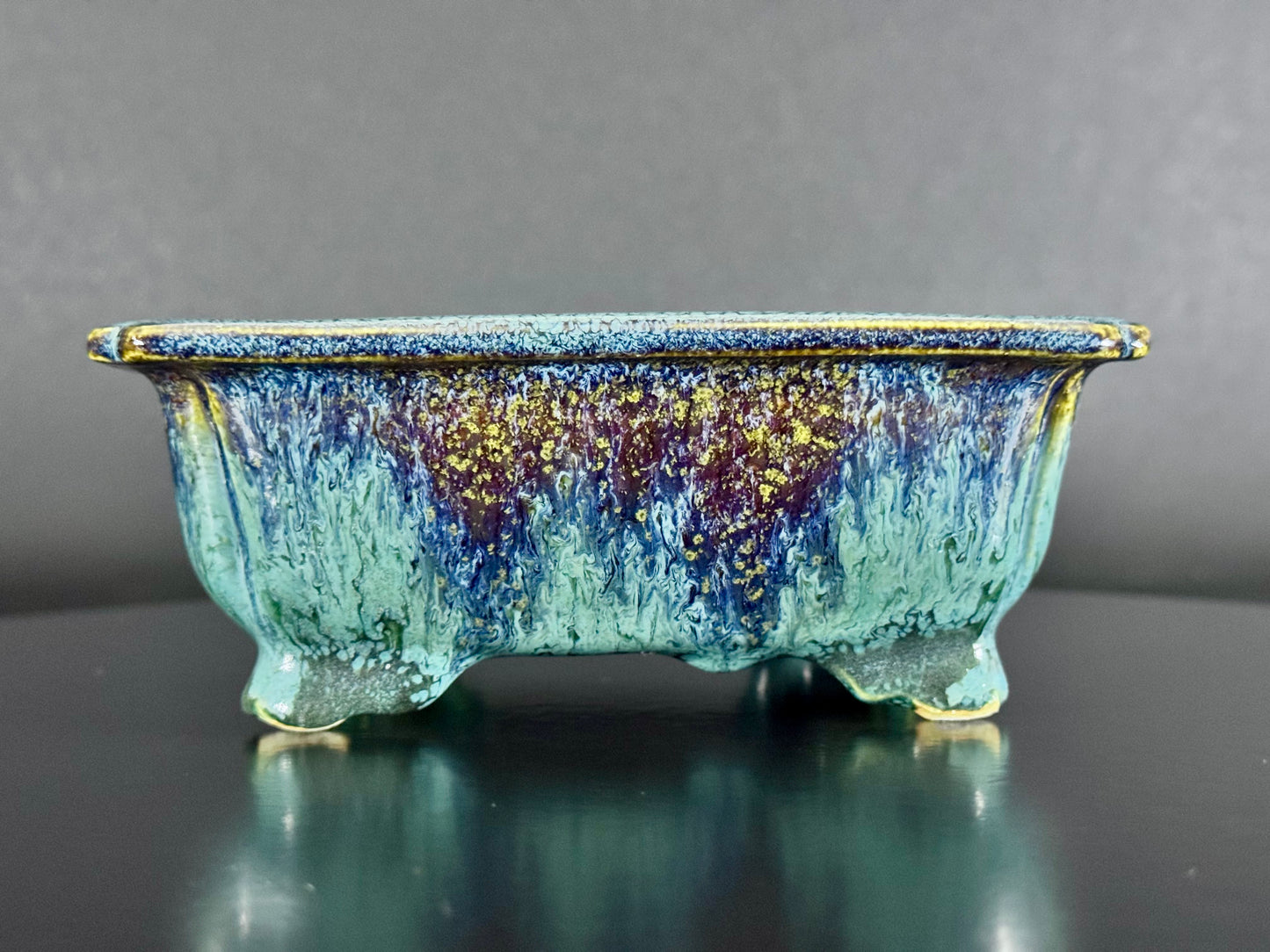 Fuka（風香）– Kiyoshi Koiwai（小岩井清）– Tokoname, Aichi（常滑市）– 15.5cm Rectangular Blue-Green Running Glazed Bonsai Pot（長方鉢・青緑瑠璃流れ釉