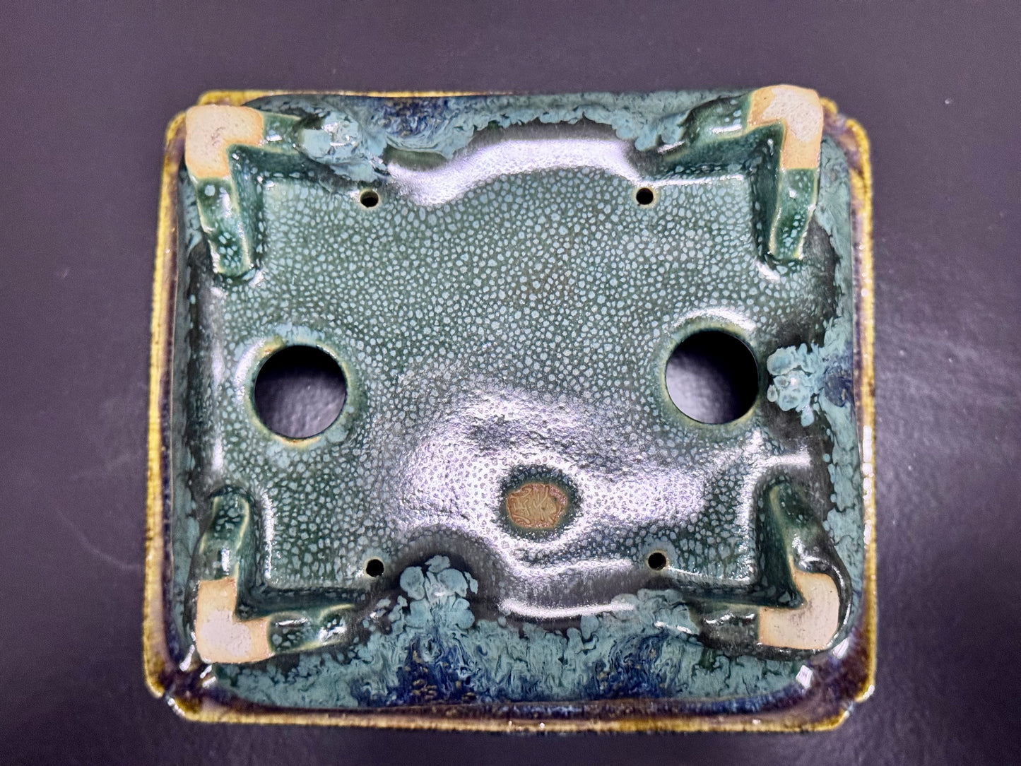 Fuka（風香）– Kiyoshi Koiwai（小岩井清）– Tokoname, Aichi（常滑市）– 15.5cm Rectangular Blue-Green Running Glazed Bonsai Pot（長方鉢・青緑瑠璃流れ釉