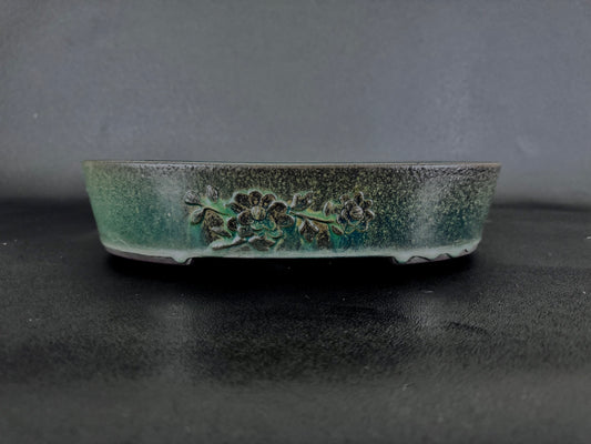 YAMAAKI (山秋窯) 3rd Generation Kataoka Toshio (片岡俊夫 作) - 小松泉 - 常滑 - 36.0cm Oval Dark Jade / Emerald Green Glazed  (楕円鉢・深翡翠緑釉)