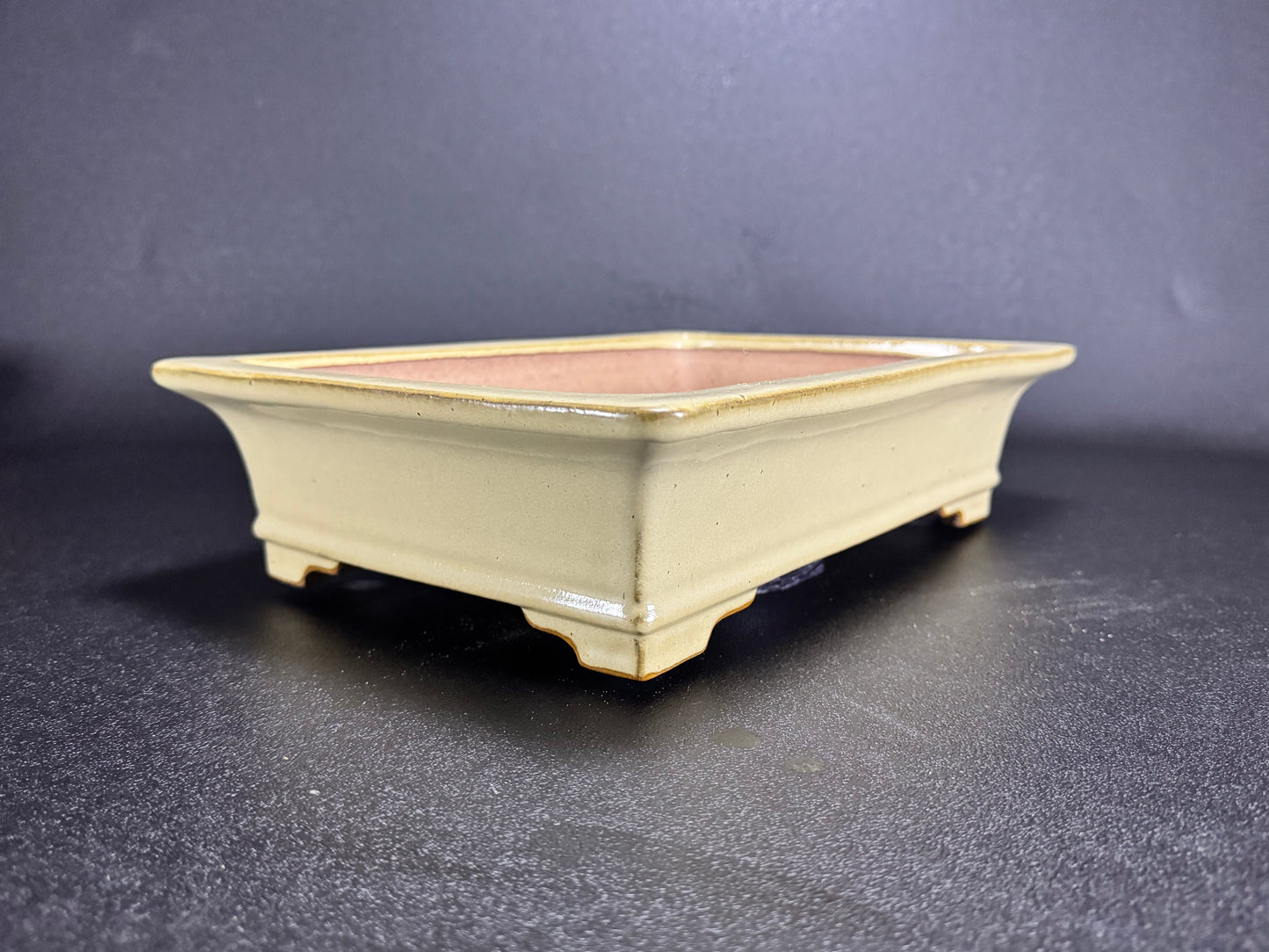 REIHO Seizan 麗峰 青山 — Tokoname, Aichi（常滑市）— 34.6cm Rectangular Light Cream Glazed Bonsai Pot（長方鉢・淡クリーム釉）