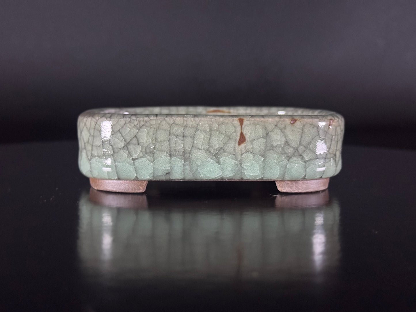 Banko Shunzan 春山（爪描き）– 萬古焼・三重県 – 11.5cm Rectangular Crystalline Celadon Crackle Glazed Bonsai Pot（隅入長方形 青磁結晶貫入釉