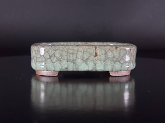 Banko Shunzan 春山（爪描き）– 萬古焼・三重県 – 11.5cm Rectangular Crystalline Celadon Crackle Glazed Bonsai Pot（隅入長方形 青磁結晶貫入釉