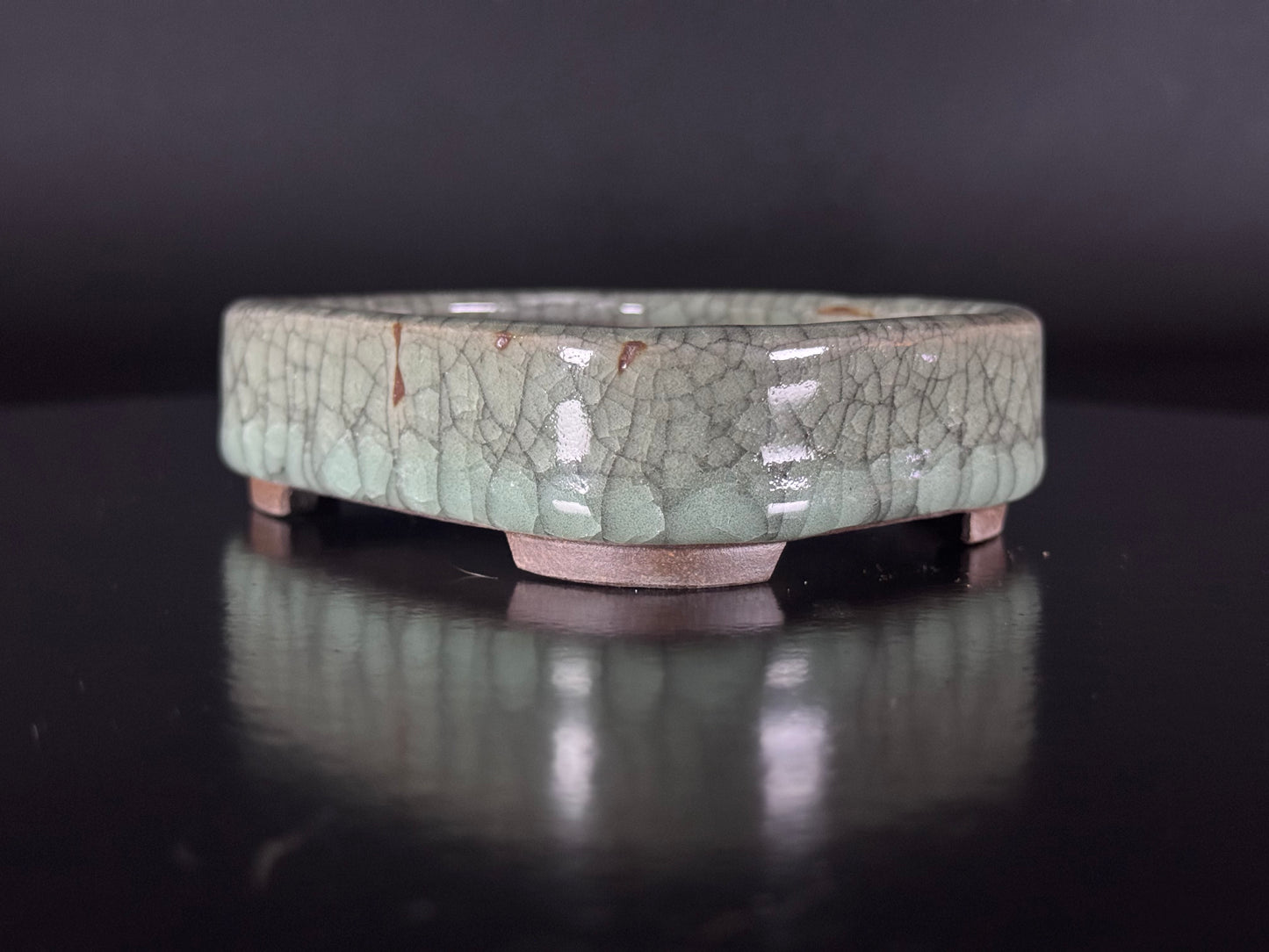 Banko Shunzan 春山（爪描き）– 萬古焼・三重県 – 11.5cm Rectangular Crystalline Celadon Crackle Glazed Bonsai Pot（隅入長方形 青磁結晶貫入釉