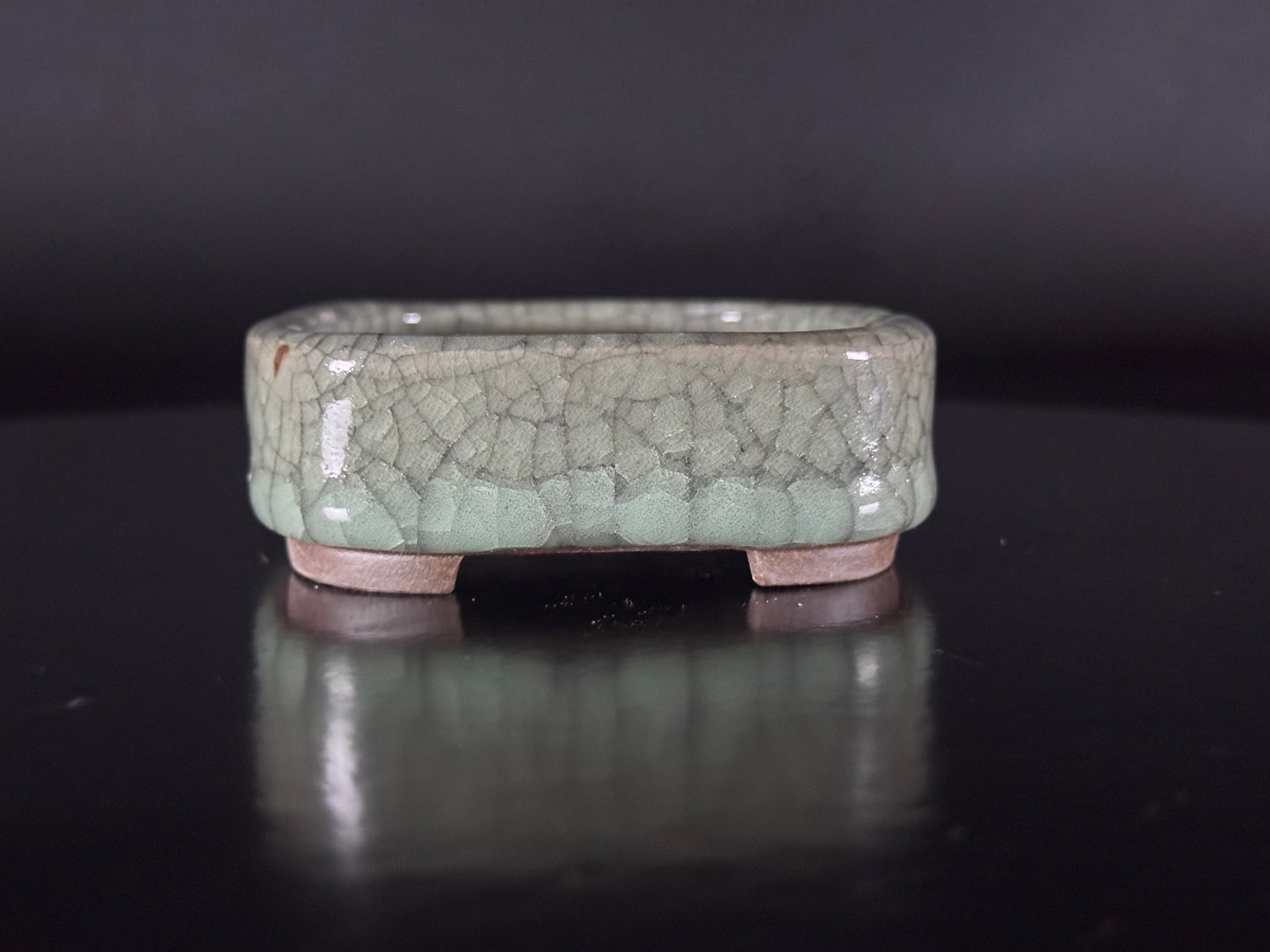 Banko Shunzan 春山（爪描き）– 萬古焼・三重県 – 11.5cm Rectangular Crystalline Celadon Crackle Glazed Bonsai Pot（隅入長方形 青磁結晶貫入釉