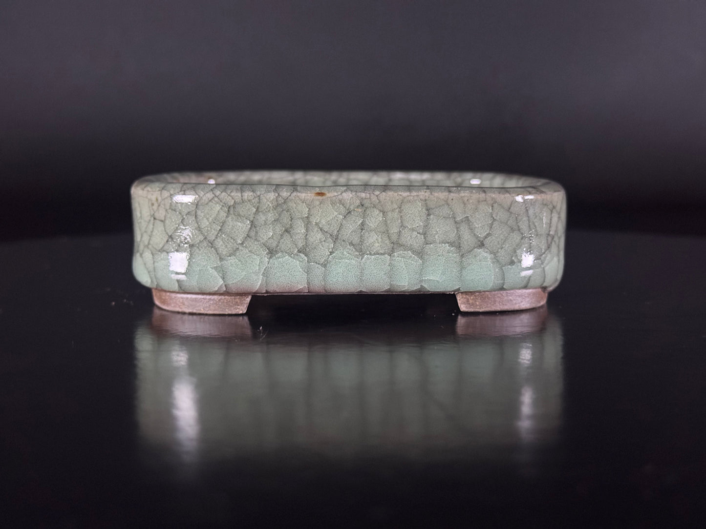 Banko Shunzan 春山（爪描き）– 萬古焼・三重県 – 11.5cm Rectangular Crystalline Celadon Crackle Glazed Bonsai Pot（隅入長方形 青磁結晶貫入釉