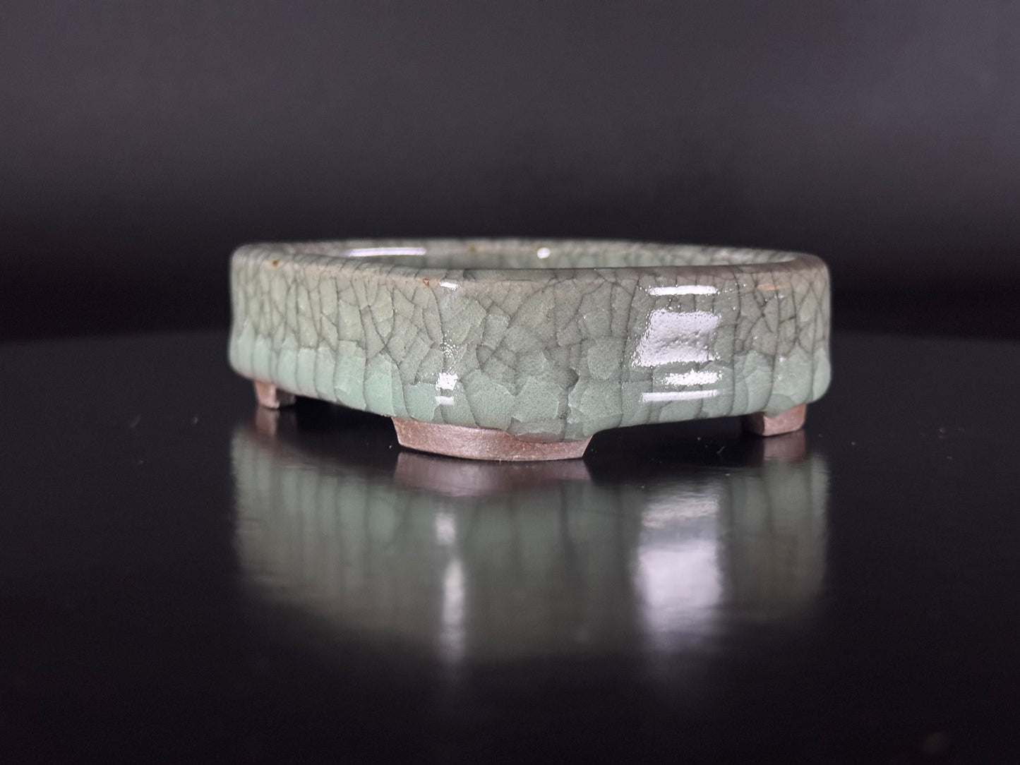 Banko Shunzan 春山（爪描き）– 萬古焼・三重県 – 11.5cm Rectangular Crystalline Celadon Crackle Glazed Bonsai Pot（隅入長方形 青磁結晶貫入釉