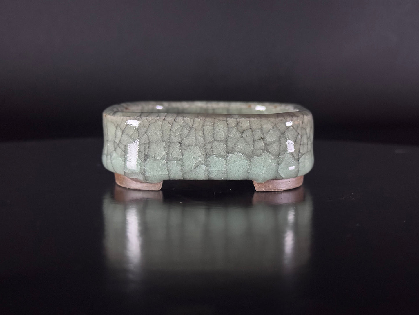 Banko Shunzan 春山（爪描き）– 萬古焼・三重県 – 11.5cm Rectangular Crystalline Celadon Crackle Glazed Bonsai Pot（隅入長方形 青磁結晶貫入釉
