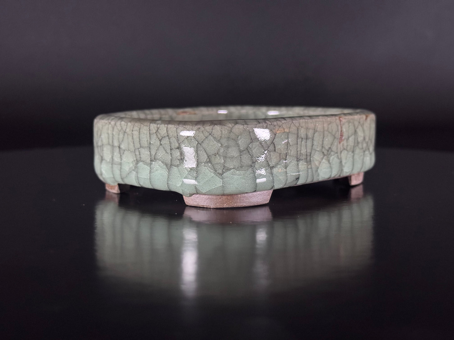 Banko Shunzan 春山（爪描き）– 萬古焼・三重県 – 11.5cm Rectangular Crystalline Celadon Crackle Glazed Bonsai Pot（隅入長方形 青磁結晶貫入釉