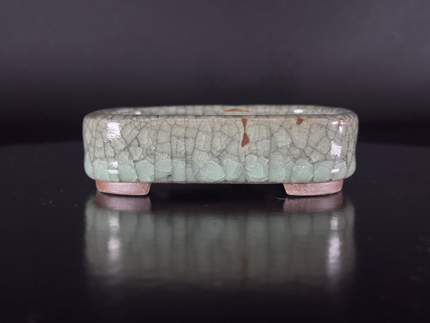 Banko Shunzan 春山（爪描き）– 萬古焼・三重県 – 11.5cm Rectangular Crystalline Celadon Crackle Glazed Bonsai Pot（隅入長方形 青磁結晶貫入釉