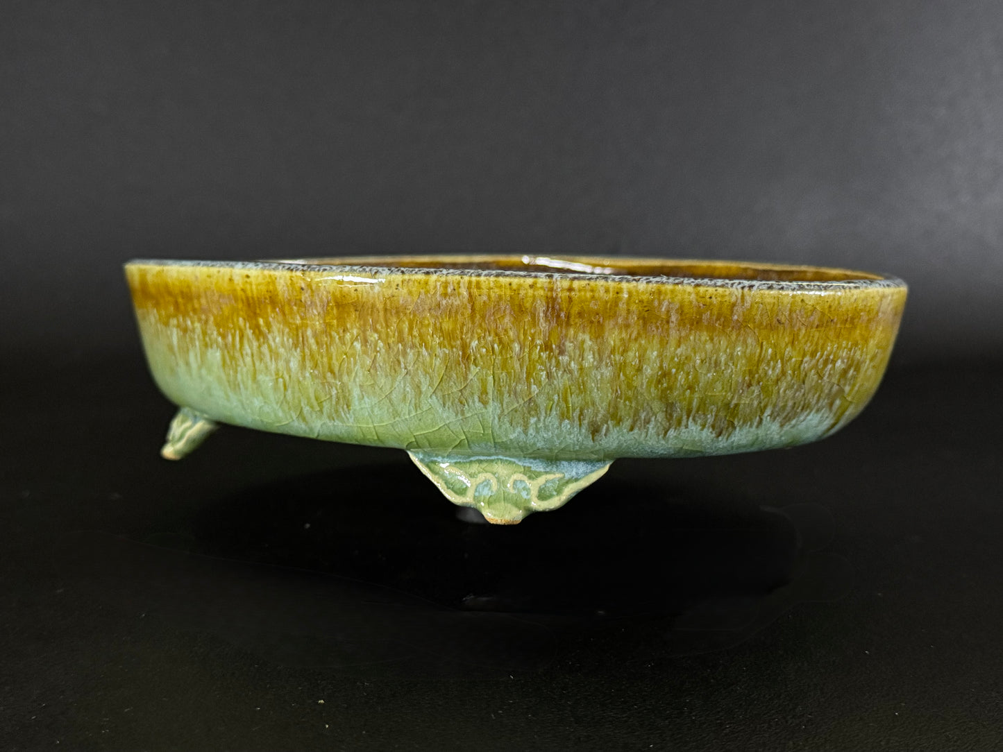 Fuka 風香 (Kiyoshi Koiwai 小岩井清) – Tokoname, Aichi（常滑市）– 25.0cm Oval 楕円鉢 – Blue-Green Running Ruri Glazed 青緑瑠璃流れ釉