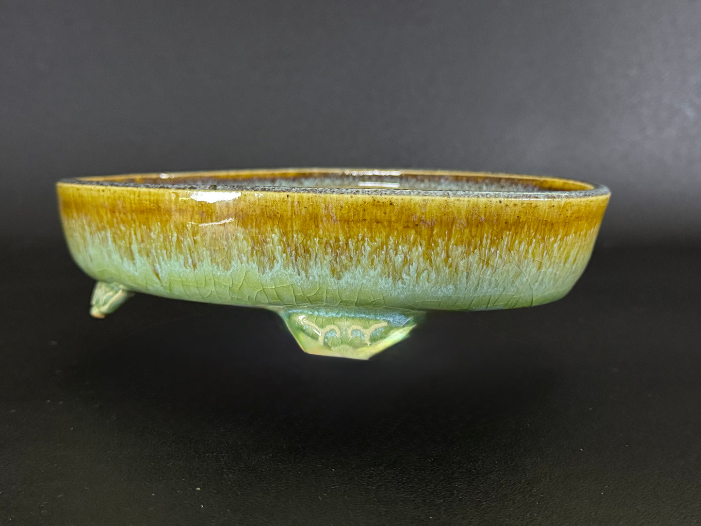 Fuka 風香 (Kiyoshi Koiwai 小岩井清) – Tokoname, Aichi（常滑市）– 25.0cm Oval 楕円鉢 – Blue-Green Running Ruri Glazed 青緑瑠璃流れ釉