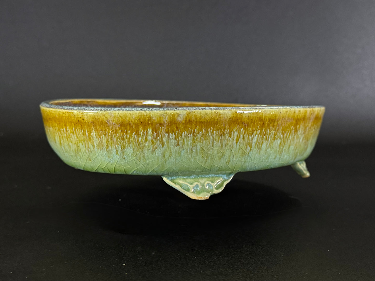 Fuka 風香 (Kiyoshi Koiwai 小岩井清) – Tokoname, Aichi（常滑市）– 25.0cm Oval 楕円鉢 – Blue-Green Running Ruri Glazed 青緑瑠璃流れ釉