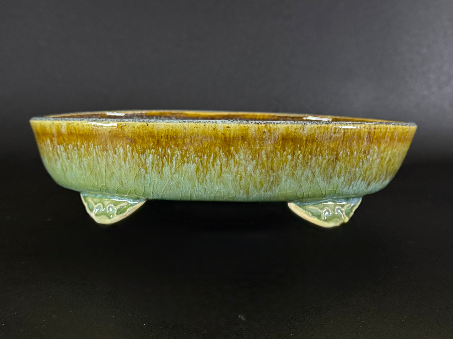 Fuka 風香 (Kiyoshi Koiwai 小岩井清) – Tokoname, Aichi（常滑市）– 25.0cm Oval 楕円鉢 – Blue-Green Running Ruri Glazed 青緑瑠璃流れ釉