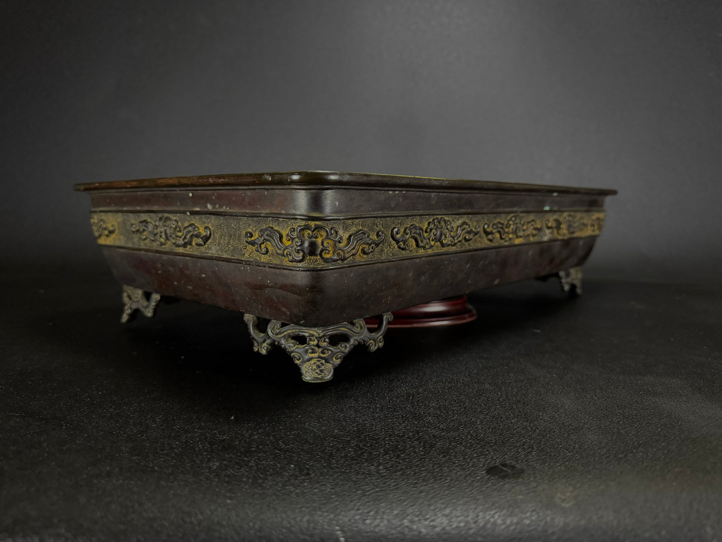 Harada Minekumo 原田峯雲 – Japan 日本 – 45.5cm Rectangular Solid Bronze Suiban 長方形 青銅製水盤