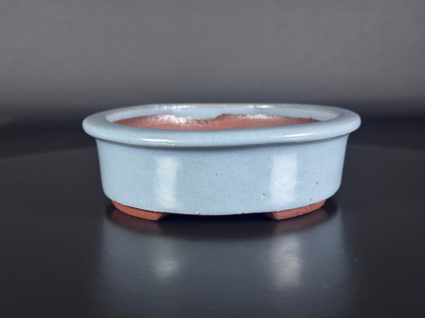 EIMEI 英明 (Hideaki Shimizu 清水秀明) - 常滑- 14.8cm Oval, Sky-Blue / Lapis-Tone Glazed Pot