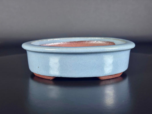 EIMEI 英明 (Hideaki Shimizu 清水秀明) - 常滑- 14.8cm Oval, Sky-Blue / Lapis-Tone Glazed Pot
