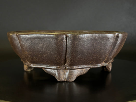 GYOZAN 1St Gen (Nakano Yukizyou “中野行常”)" 印のみ" - 常滑 - 22.7cm Mokko-shape Unglazed Bonsai Pot (木瓜形 無釉)