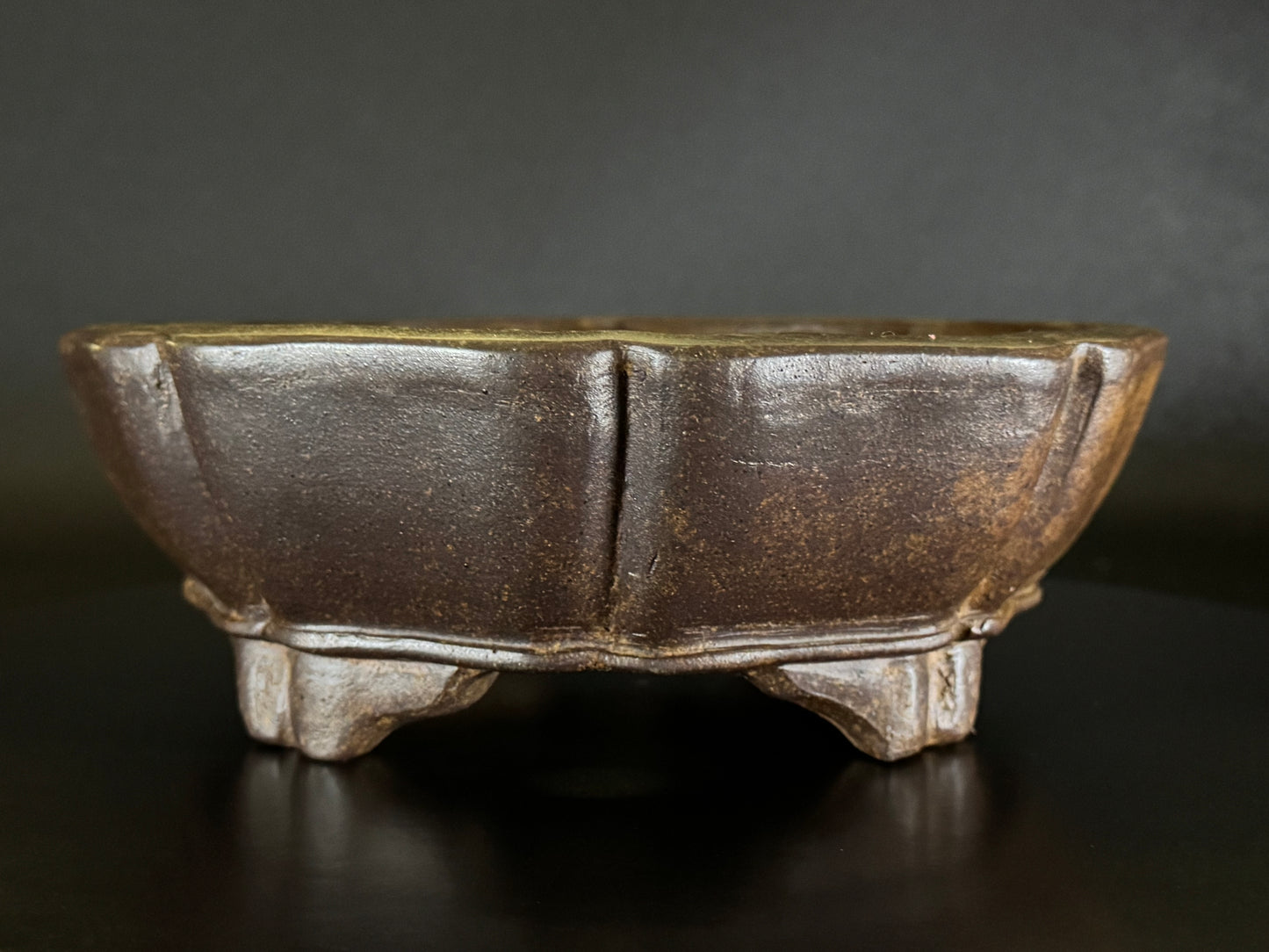 GYOZAN 1St Gen (Nakano Yukizyou “中野行常”)" 印のみ" - 常滑 - 22.7cm Mokko-shape Unglazed Bonsai Pot (木瓜形 無釉)