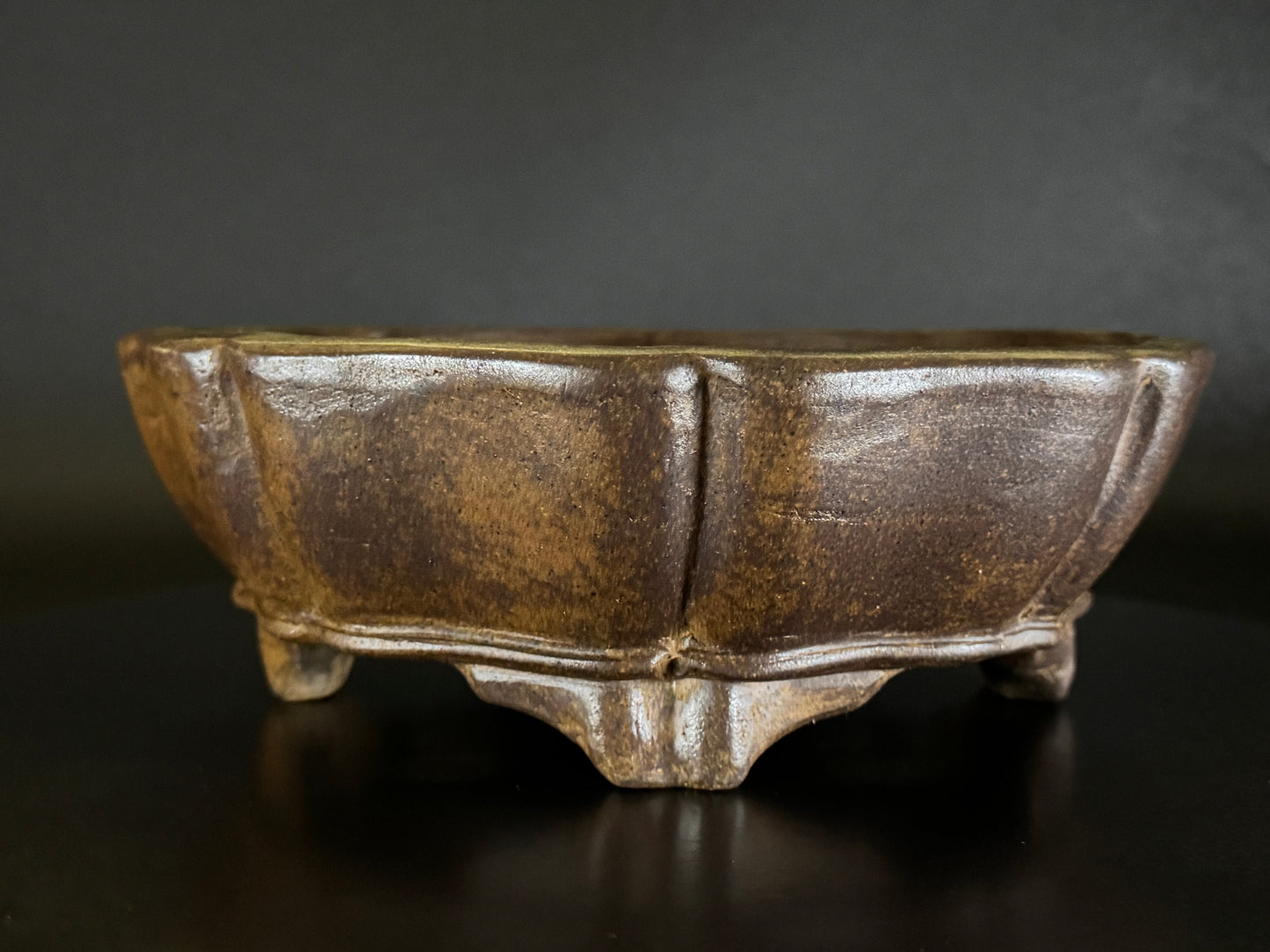 GYOZAN 1St Gen (Nakano Yukizyou “中野行常”)" 印のみ" - 常滑 - 22.7cm Mokko-shape Unglazed Bonsai Pot (木瓜形 無釉)