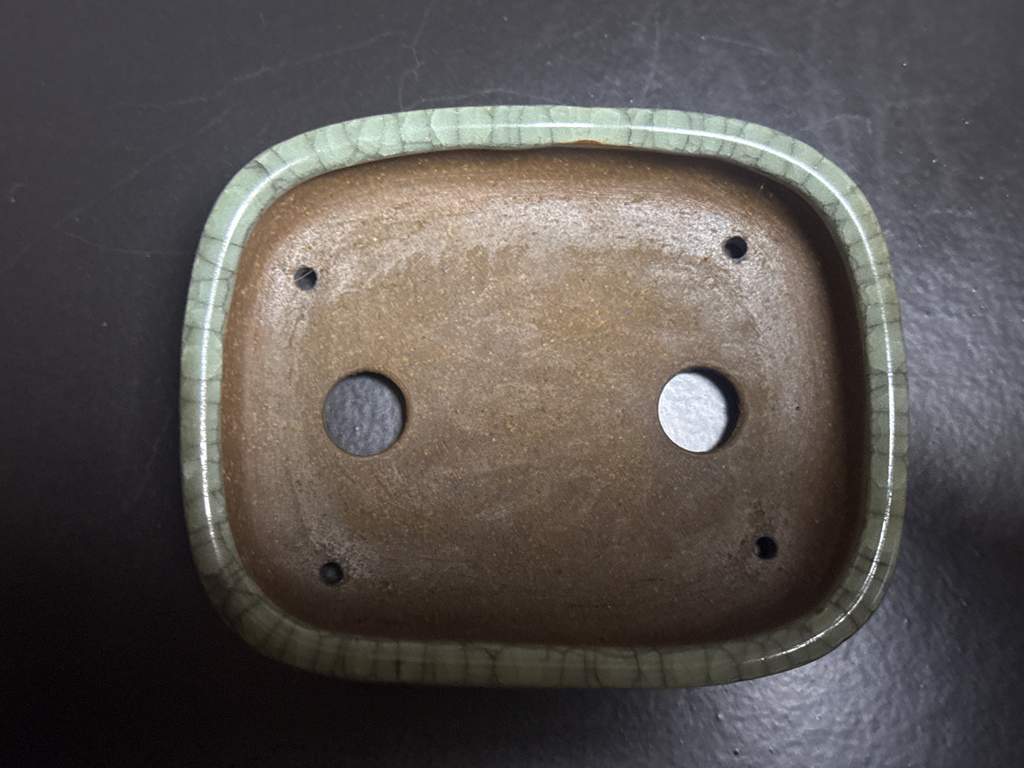 Banko Shunzan 春山（爪描き）– 萬古焼・三重県 – 11.5cm Rectangular Crystalline Celadon Crackle Glazed Bonsai Pot（隅入長方形 青磁結晶貫入釉